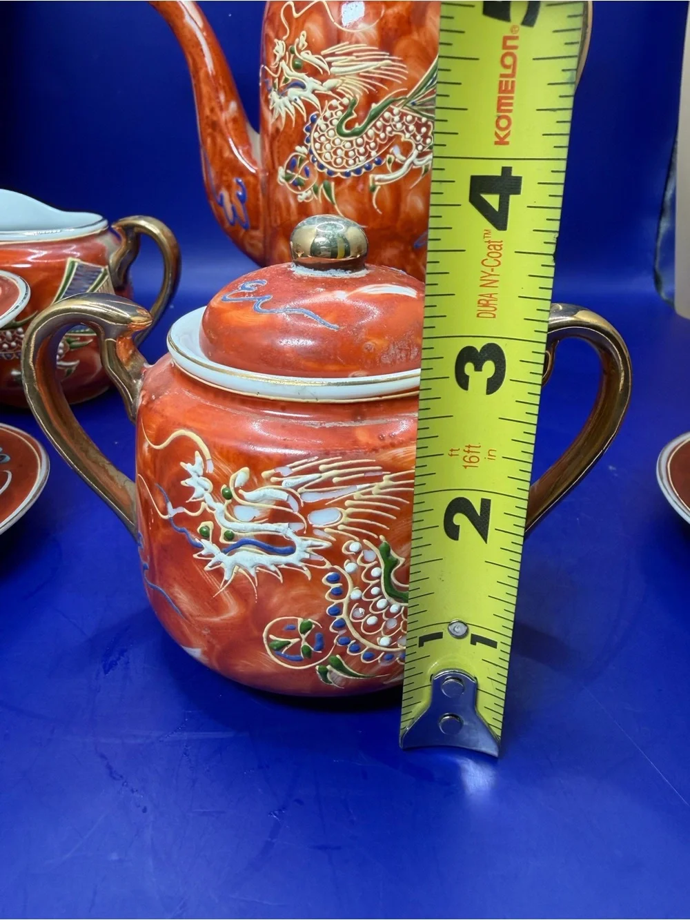 Rust Red Dragonware Porcelain Tea Set with Gold Accents - Vintage